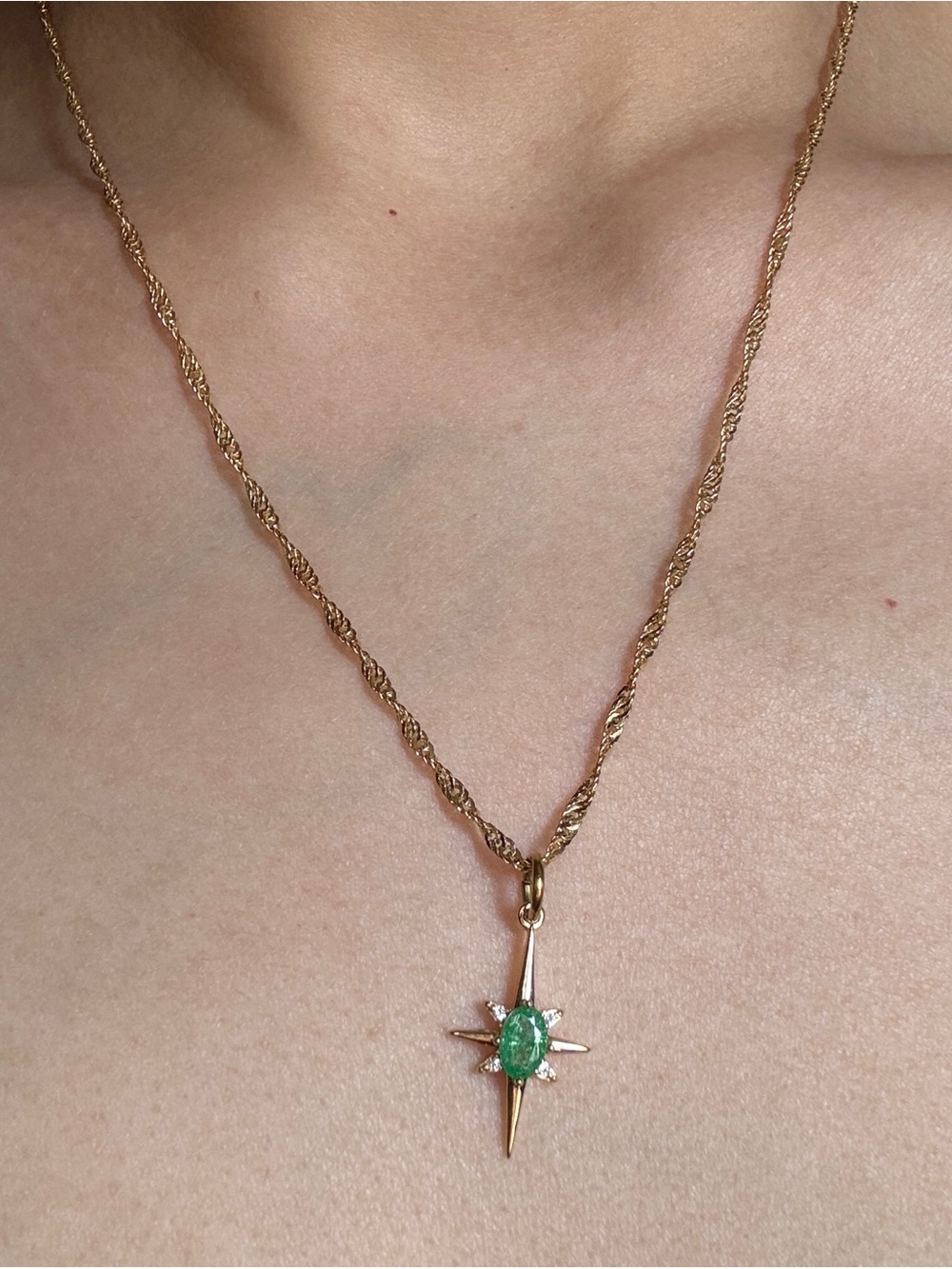 Gold Starburst Necklace with Green Stone Pendant